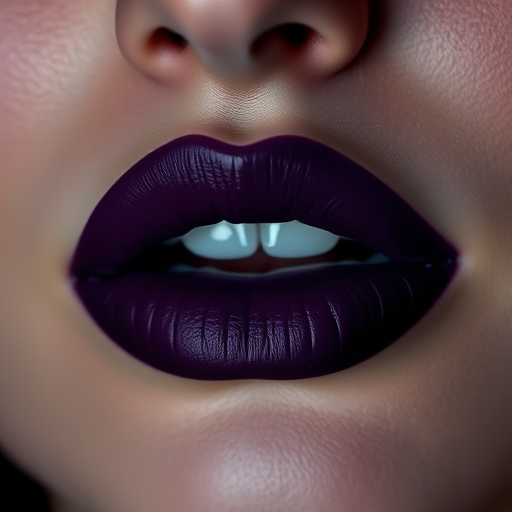 Mysterious "Midnight Velvet" matte lipstick creates an alluring deep purple shade on perfectly lined lips, ideal for dramatic evening looks and mysterious encounters