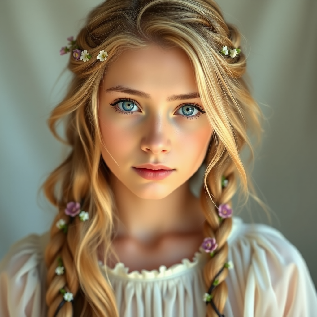 Create an image of a young Armenian woman with long, wavy blonde hair, adorned with small, colorful flowers woven into her braids and loose strands. Her complexion is fair, with soft, glowing skin, and she has light blue eyes that gaze softly at the viewer. She wears a light, flowing dress with a gentle, ethereal quality, complementing her delicate and serene appearance. The background is slightly blurred, drawing focus to her tranquil expression and the intricate details of the flowers in her hair. The overall mood of the image is one of natural beauty and grace, evoking a sense of peacefulness and connection with nature.