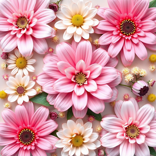 Regenerate a floral pattern design with pastel colors featuring large and small flowers, arranged in a symmetrical layout, using a DSLR camera with a 50mm lens, f/2.8 aperture, ISO 100, natural lighting, and a top-down view for clarity and detail.