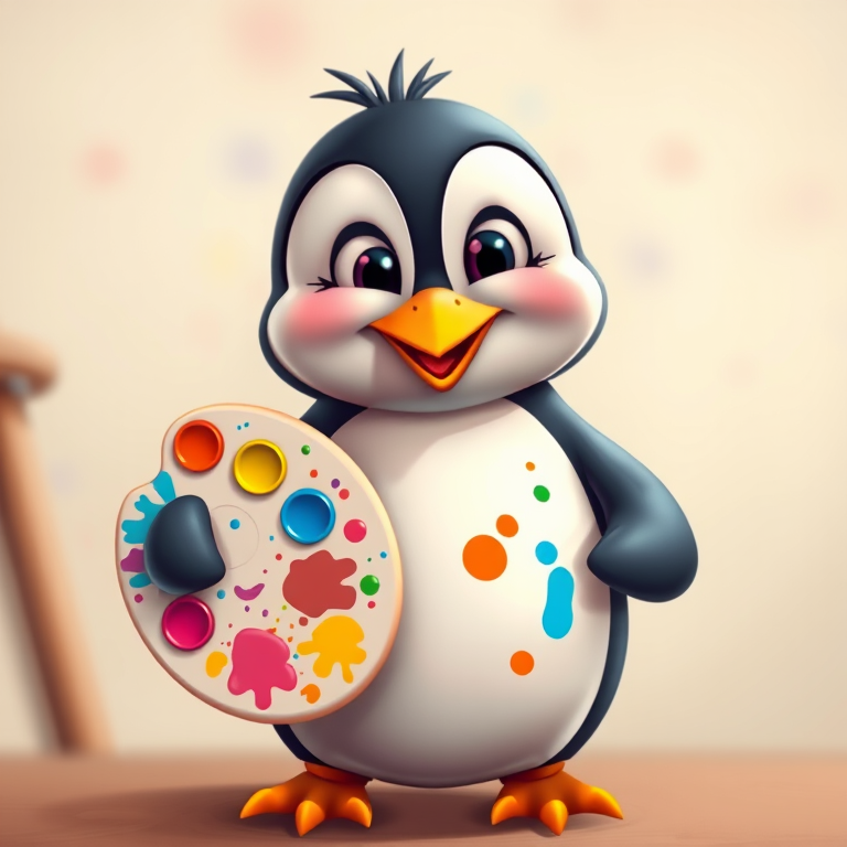 Create a cartoon-style image of a penguin artist holding a palette with colorful paint splatters, with a focus on bright colors and a playful expression, using a Canon EOS 5D Mark IV, 50mm lens, aperture f/1.8, 1/100s shutter speed, with a soft focus background to enhance depth.