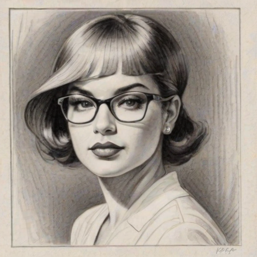 Dazzling Ne-Yo, pencil sketch, portrait of Alluring woman 1932s in glasses, hair style beatnik, outline, clear lines, fine lines, 8k