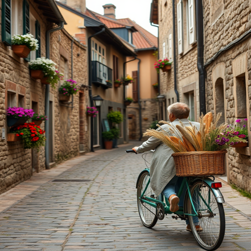 Old cobblestone street in a European village, flower boxes on every windowsill, a woman with a bicycle walks past, her basket filled with fresh bread and wildflowers.