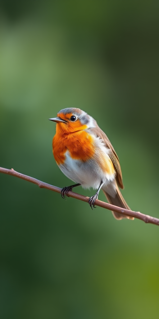 Capture a clear, high-resolution image of a robin perched on a slender branch with soft bokeh in the background, using a Canon EOS R5 with a 100mm f/2.8 macro lens, aperture set to f/4, ISO 200, shutter speed 1/500 sec, in natural light for vibrant colors and detail.