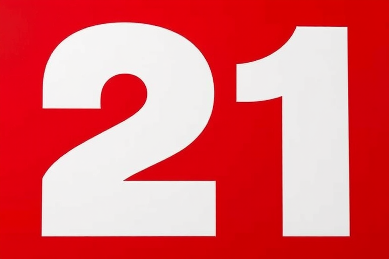 Create an image featuring a bold red background with the number 21 in large white font, captured with a DSLR camera at f/2.8 aperture, ISO 100, 1/250 shutter speed, using a straight-on view to enhance clarity and sharpness.