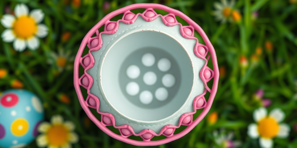 Create a high-resolution illustration of a circular decorative pink-bordered Easter egg with polka dots in the center, using a DSLR camera, 50mm lens, f/1.8 aperture, ISO 100, natural light, top-down view, vivid colors, and a soft focus background.