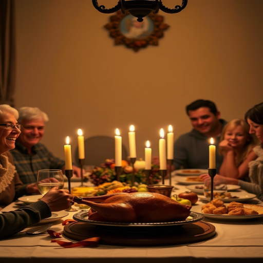 Warmly lit photo of a family gathered around a Thanksgiving table, soft glow from candles casting warm shadows, with the smell of roasted turkey and pumpkin pie filling the air.