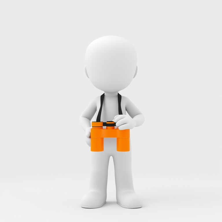 create a 3D render of a white cartoon figure holding orange binoculars, standing against a plain white background, using a DSLR camera with a 50mm lens, f/2.8 aperture, ISO 100, 1/200 sec exposure, centered composition, soft lighting