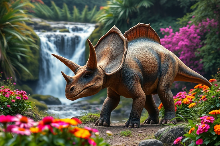 Triceratops walking near a waterfall in a vibrant forest filled with flowers, highly detailed, 35mm lens, aperture f/8, ISO 100, soft focus with vibrant colors, DSLR photography.