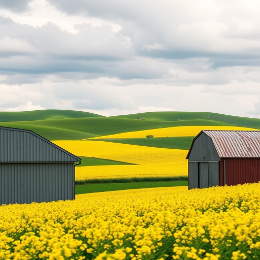 Capture a vibrant landscape of rolling green hills and a bright yellow canola field with two metal farm buildings in the foreground, taken with a Canon EOS 5D Mark IV at f/8, 1/250s, ISO 100, in a wide-angle perspective on a cloudy day for enhanced detail and color saturation.