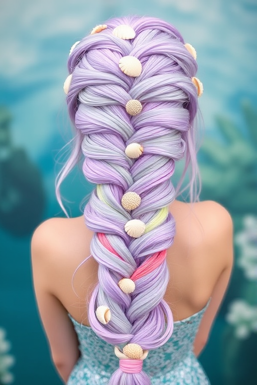 Whimsical mermaid braid in pastel lavender, incorporating colorful extensions and adorned with seashells, embodying a magical underwater-inspired look