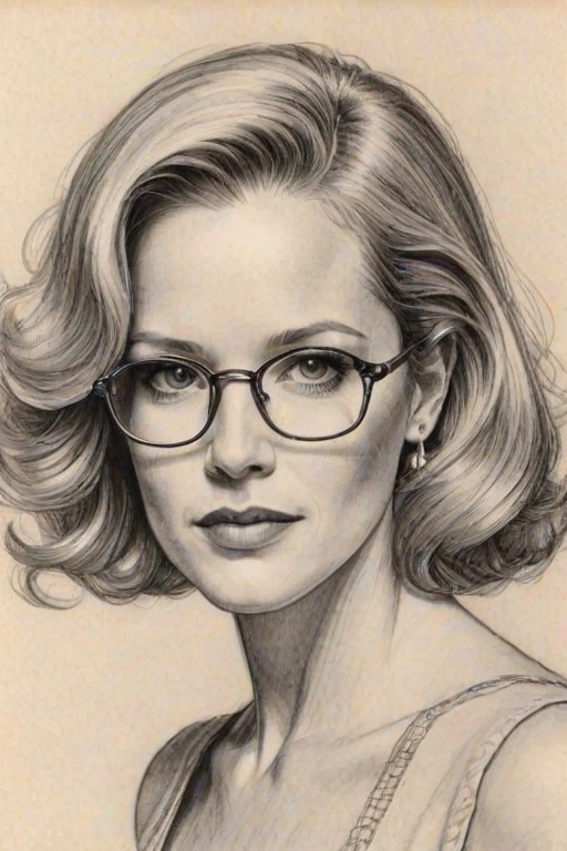 Dazzling Penelope Ann Miller, pencil sketch, portrait of Enchanting woman 1973s in glasses, hair style beatnik, outline, clear lines, fine lines, 8k
