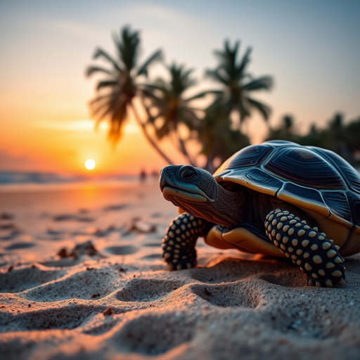 tortoise on a beach at sunset with palm trees, vibrant colors, high dynamic range, 50mm lens, f/1.8, ISO 100, shot from a low angle with a wide aperture for a blurred background, DSLR camera