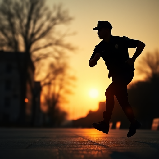 Create a high-contrast silhouette of a running police officer using a DSLR camera with a 50mm lens, aperture set to f/1.8, shutter speed of 1/500s, ISO 200, shot from a low angle to enhance dynamic movement.
