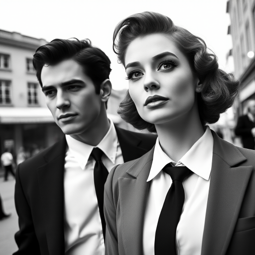 Black-and-white photograph, couple, tailored suits, retro hairstyles, film noir style, Tilt the camera for a dynamic Dutch angle using a versatile 24-70mm lens