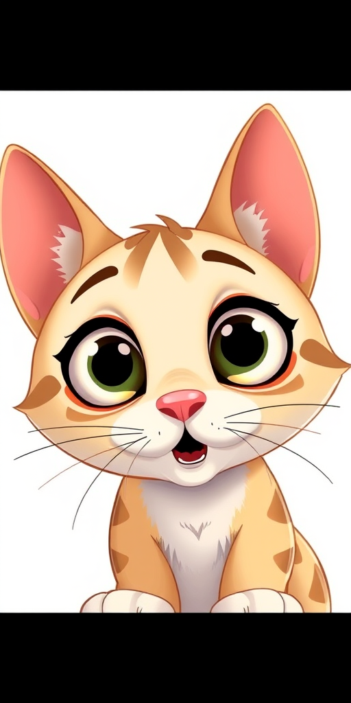 cartoon style illustration of a surprised cat with large eyes, white background, high contrast, close-up view, 50mm lens, f/4 aperture, ISO 100, soft lighting, digital drawing technique