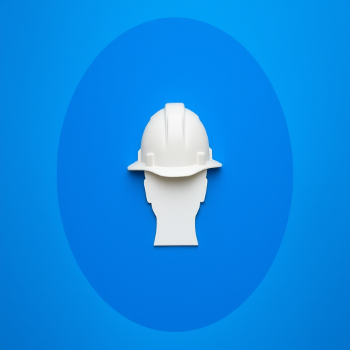 Create a high-resolution image of a white silhouette of a person's head wearing a hard hat centered in a blue circular background, shot with a Canon EOS R5 camera at f/8, ISO 100, 1/250s, using a macro lens and a flat lay perspective for sharp details and vibrant colors.