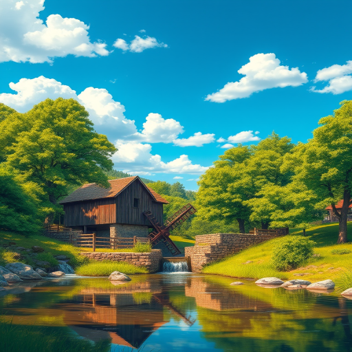 create a vibrant illustration of a rustic watermill surrounded by lush green trees and a serene landscape under a bright blue sky with fluffy clouds, camera type DSLR, lens 35mm f/1.8, aperture f/8, ISO 100, shutter speed 1/200s, wide-angle view, sharp focus, high saturation