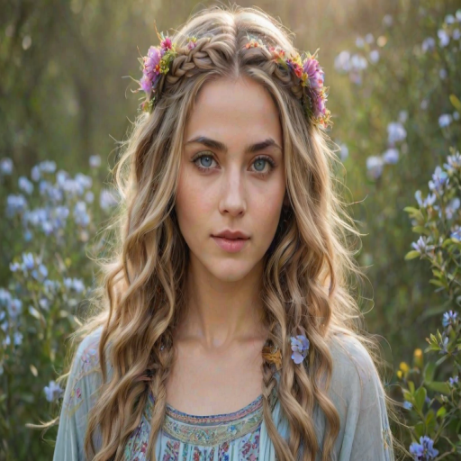 Create an image of a young Afghan woman with long, wavy blonde hair, adorned with small, colorful flowers woven into her braids and loose strands. Her complexion is fair, with soft, glowing skin, and she has light blue eyes that gaze softly at the viewer. She wears a light, flowing dress with a gentle, ethereal quality, complementing her delicate and serene appearance. The background is slightly blurred, drawing focus to her tranquil expression and the intricate details of the flowers in her hair. The overall mood of the image is one of natural beauty and grace, evoking a sense of peacefulness and connection with nature.