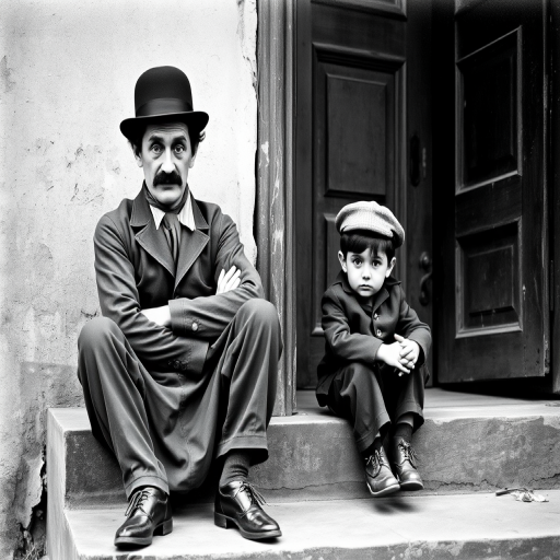 A black-and-white photograph of a man and a child sitting on steps in front of a doorway. The man is dressed as a tramp with a bowler hat, mustache, and ragged clothes, reminiscent of Charlie Chaplin's iconic look. He is sitting with his arms crossed and an expression of slight sadness or frustration. Next to him is a young boy, also in worn clothes and a cap, sitting with his hands clasped, looking thoughtful. The background is an old, textured wall and a partially open door, creating a vintage, early 20th-century atmosphere.