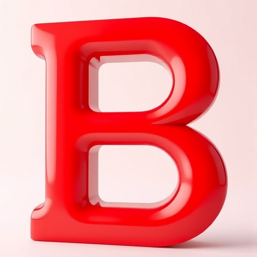 Create a 3D rendered image of a large, glossy red letter B, using a DSLR camera with a 50mm lens, aperture f/1.8, ISO 100, and a slight vignette effect, positioned against a soft gradient background for enhanced depth.