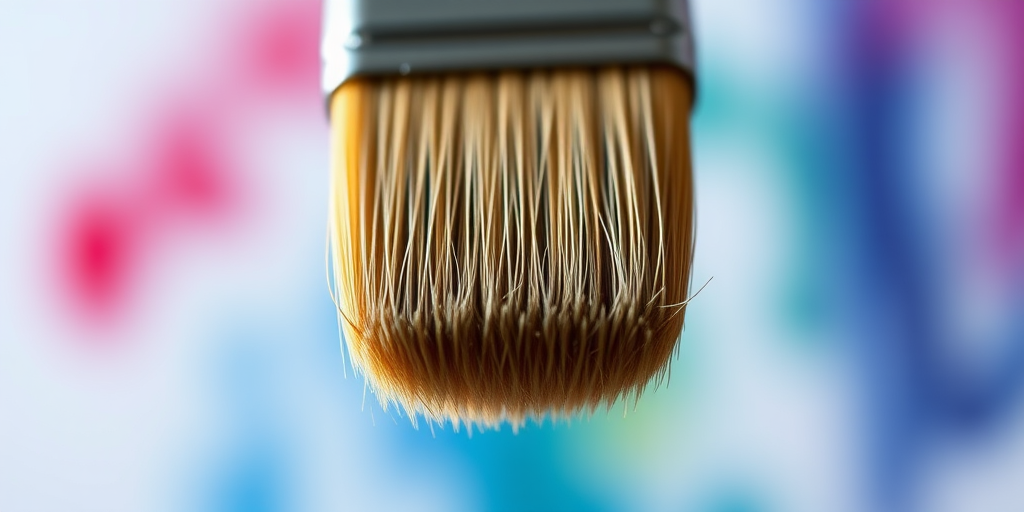 Create a high-resolution illustration of a paintbrush with a detailed, textured bristle head, viewed from a slight angle for depth, using a Canon EOS R5 camera, aperture f/4, ISO 100, with a soft focus background and vibrant colors for enhanced clarity.