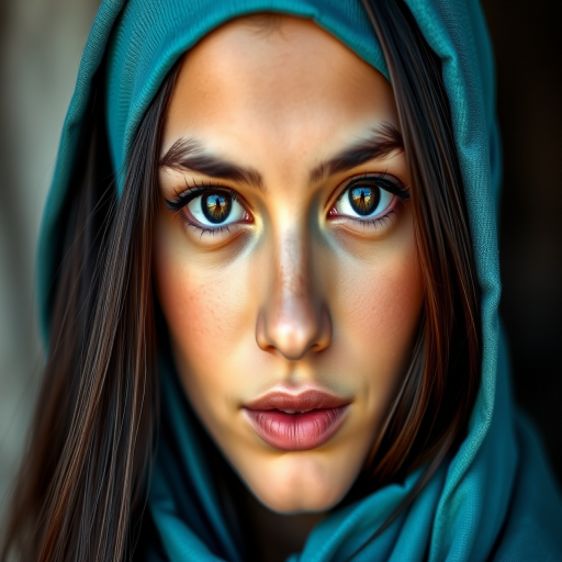 Create a portrait of a young Middle Eastern woman with long, dark hair and captivating hazel eyes. She is wearing a cyan headscarf and a matching scarf draped gracefully around her neck. The background is softly blurred, focusing attention on her serene and natural expression. The overall color palette is muted and warm, enhancing the intimate and authentic feel of the portrait.