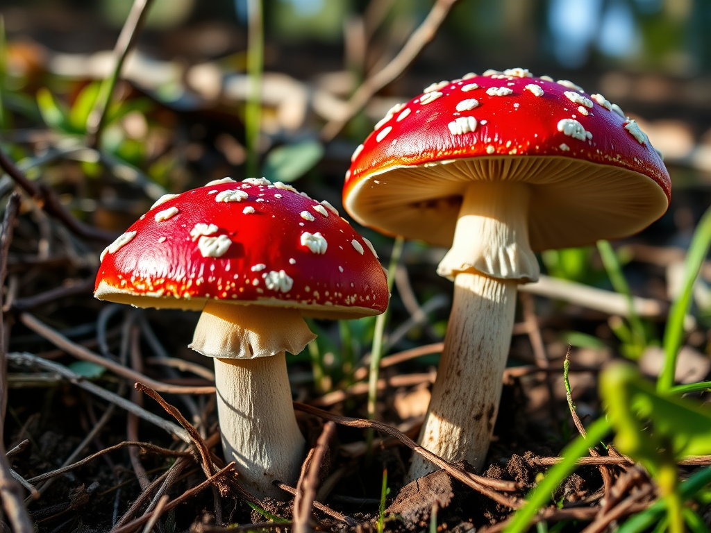 Create a high-resolution digital illustration of two red-capped mushrooms with white spots, captured from a low angle perspective, using a DSLR camera with an aperture of f/2.8, ISO 100, and a focal length of 50mm, ensuring vibrant colors and sharp details in a natural outdoor setting.
