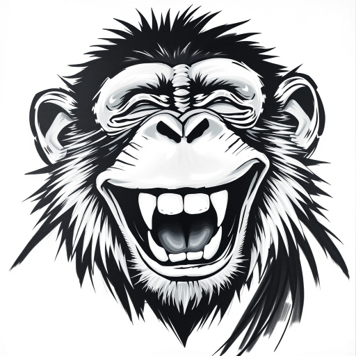 Abstract black and white acrylic portrait of an over exaggerated laughing (monkey). Minimalism style. White background.