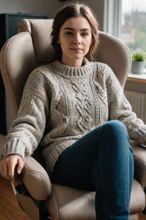 Em1ru sitting in her gaming chair and posing for the camera, intricate details, wool jumper, natural light