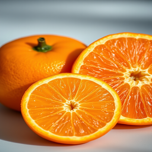 Create a hyper-realistic image of an orange and a sliced orange, using a Canon EOS 5D Mark IV, 50mm lens, with an aperture of f/2.8, ISO 100, in natural light, showcasing vibrant colors and fine details.