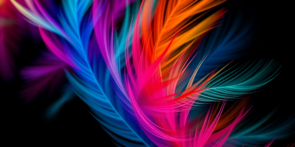 high-resolution abstract image of multicolored feather-like shapes on a black background, shot with a DSLR camera, using a 50mm lens at f/1.8, exposure time 1/100s, ISO 200, in macro mode, focus on vibrant colors and fine details