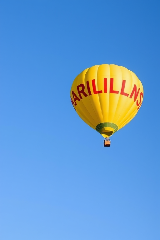 A vibrant yellow hot air balloon with red lettering soaring against a clear blue sky, captured with a DSLR camera at 50mm focal length, f/8 aperture, ISO 100, daylight white balance, and a wide-angle perspective to enhance depth and clarity.