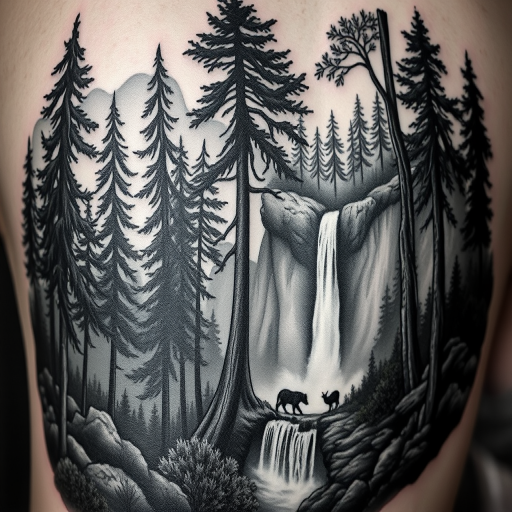 Realistic black and gray tattoo called "Shadows of Nature" portraying a lifelike forest scene with towering trees, cascading waterfalls, and hidden wildlife, celebrated for its photorealistic shading and depth