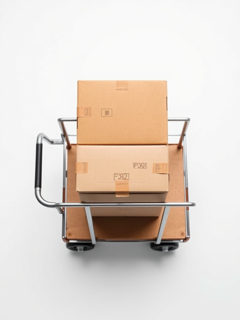 cart with three stacked boxes on a white background, taken with a DSLR camera, aperture f/8, shutter speed 1/125s, ISO 100, top-down view for clear visibility, enhanced with soft lighting for detail.