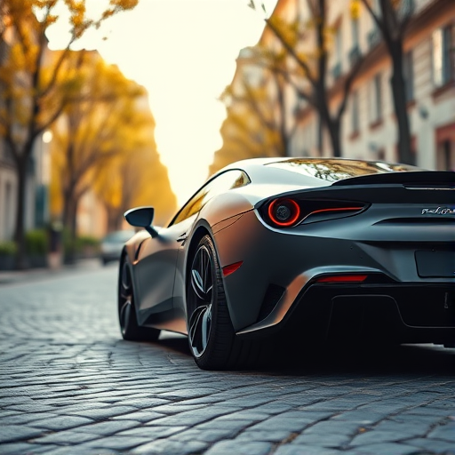 regenerate a high-resolution image of a sleek matte finish sports car parked on a cobblestone street surrounded by blurred trees during daylight, captured with a Canon EOS R5 camera at f/2.8 aperture, ISO 100, 1/250 sec shutter speed, low-angle view, focusing on the rear of the car, using a wide-angle lens to enhance perspective and detail