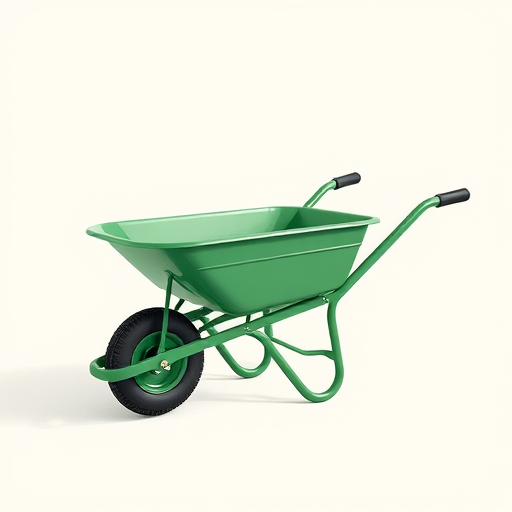 Illustration of a green wheelbarrow on a plain background, high resolution, shot with a Canon EOS R5, 50mm lens, f/2.8, ISO 100, natural diffused lighting.