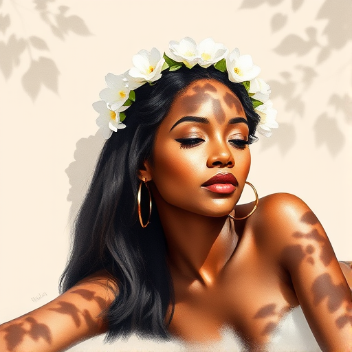 create a watercolor painting of an ethereal portrait of beautiful Afro-Caribbean woman with a simple white flower crown on her head. Her hair is long and she is lying on the ground. The sunlight on the trees casts shadows from the leaves on her face and body. The background is a neutral brown color that matches her skin tone. The image is minimalist and solid colors. This style is characterized by soft, delicate brushstrokes and a light, airy, contrasting color palette. High level of detail and play of light
