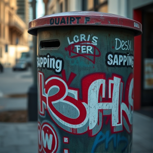 Capture a close-up shot of a graffiti-covered trash bin in an urban setting, using a Canon EOS R5 camera with a 50mm f/1.8 lens, aperture set to f/2.8 for a shallow depth of field, ISO 100 for high detail, and a natural light source to enhance textures.