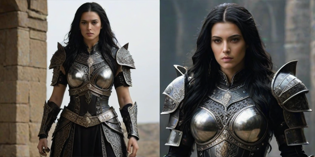 Create a photo of a fierce female warrior with long black hair, wearing an ornate, metallic armor. The armor includes a breastplate with intricate designs, shoulder guards, and gauntlets. The breastplate is decorated with a central emblem, possibly representing a mythical symbol, and has a sculpted, form-fitting design. She wears a belt with a large skull ornament at the center, and her armor extends into a partial skirt, revealing one leg. The overall look is both protective and stylish, with a dark, gothic aesthetic. The background is dimly lit, suggesting a medieval or fantasy setting, enhancing the warrior's imposing presence and intense expression.