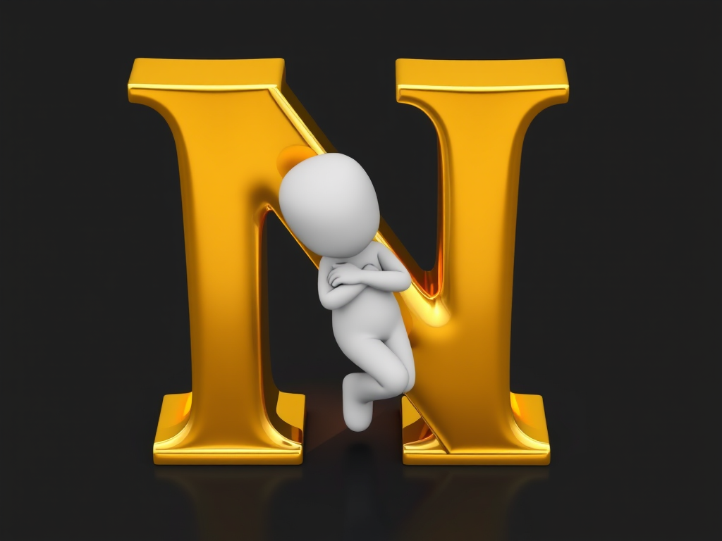 Create a 3D illustration of a small white character leaning against a shiny, gold letter 'N', using a DSLR camera with a 50mm lens at f/2.8 aperture, ISO 100, and a softbox for even lighting, capturing a high-angle view to enhance depth and detail.