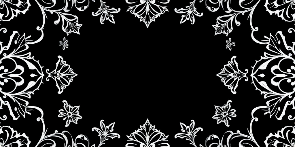 create a high-resolution image of a black background framed with intricate white patterns, using a DSLR camera with a 50mm lens, aperture f/1.8, ISO 100, natural lighting, top-down view
