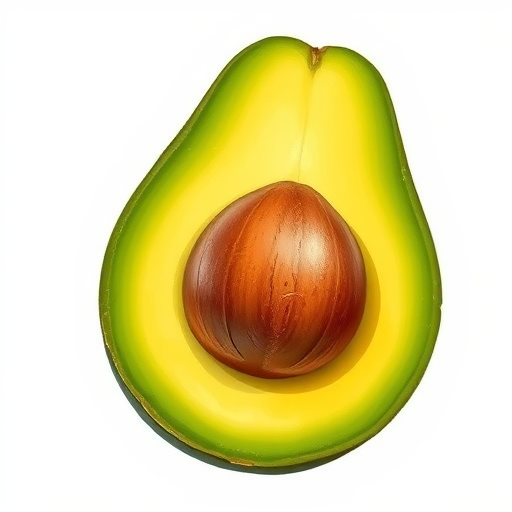 Create a highly detailed illustration of a sliced avocado showing the vibrant green flesh and brown pit, using a Canon EOS R5 with an 85mm f/1.2 lens, shot at f/2.8, ISO 100, in natural light to produce soft shadows and a clean background for enhanced quality.