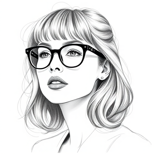 Beautiful Toni Collette, pencil sketch, portrait of beautiful woman 60s in glasses, hair style beatnik, outline, clear lines, fine lines, 8k