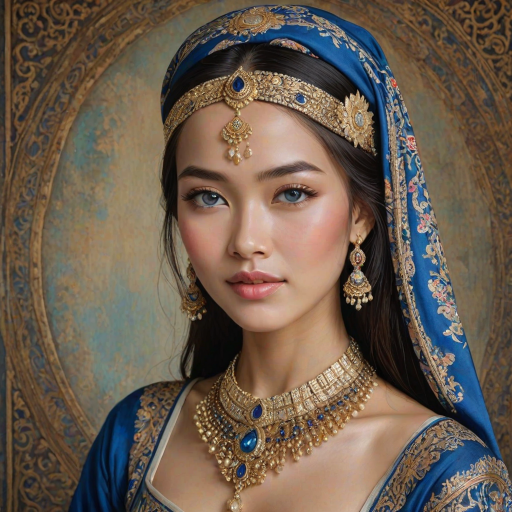 Create a portrait of a beautiful Thai woman with striking blue eyes and a gentle expression. She is adorned in traditional attire with intricate patterns, including a richly embroidered headscarf and matching garments. Her jewelry includes a delicate headpiece, dangling earrings, and ornate bracelets, all featuring vibrant gemstones and detailed metalwork. The background is soft and warm, enhancing the rich colors of her outfit and jewelry.