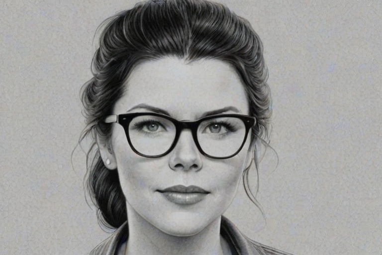 Wonderful Lauren Graham, pencil sketch, portrait of Enchanting woman 1947s in glasses, hair style beatnik, outline, clear lines, fine lines, 8k