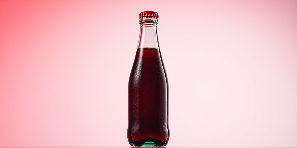 create a hyper-realistic illustration of a classic glass soda bottle with a red cap against a minimalist background, use a Canon EOS R5 camera at f/4.0 aperture, 1/125s shutter speed, ISO 100, 35mm lens, shot from a slight low angle to enhance the bottle's curvature and details