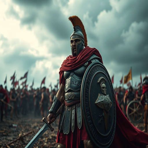 Create a dramatic scene of a fierce Roman gladiator standing amidst a battlefield, equipped with a sword and shield, wearing detailed armor and a red cape, under a stormy sky, captured with a DSLR camera at f/2.8 aperture, ISO 100, shutter speed 1/250s, in a low-angle view to emphasize power and strength, using a cinematic style for enhanced contrast and texture.