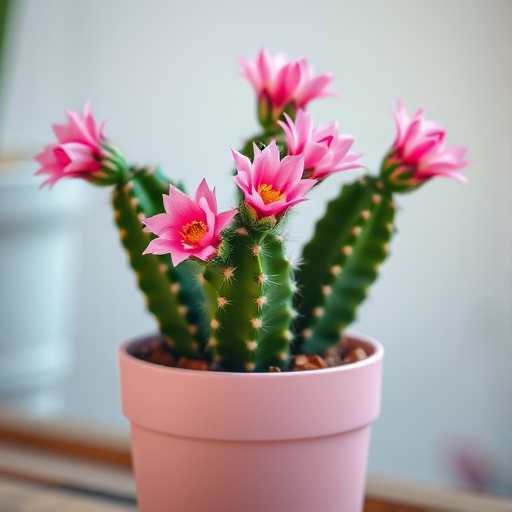 generate a high-resolution image of a cactus with three stems and pink flowers in a pink pot, using a Canon EOS R5 camera, 50mm lens, f/2.8 aperture, 1/200 sec shutter speed, soft natural lighting, and a shallow depth of field for enhanced focus on the cactus