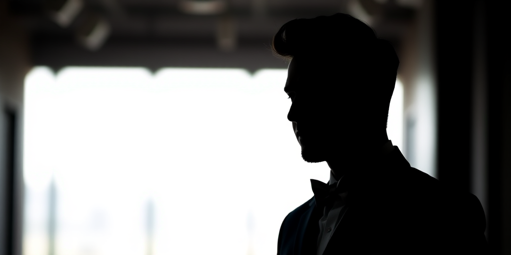 Create a high-quality vector illustration of a stylized black silhouette of a man with a suit and bow tie, with a blurred background, using a DSLR camera with a 50mm lens, aperture set to f/2.8 for shallow depth of field, ISO 100, and shot from an eye-level angle for optimal composition.