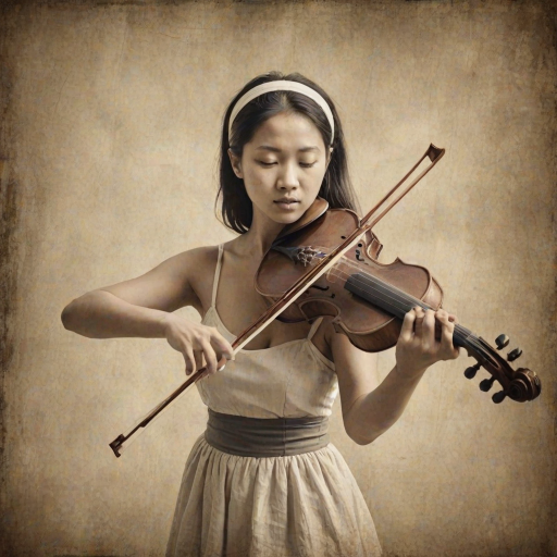 a young Asian woman with a white headband playing a violin, in the style of a charcoal drawing, sepia grunge background